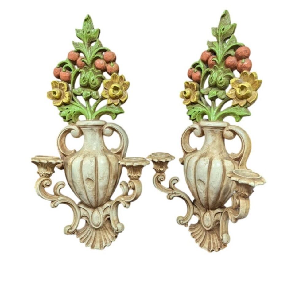 Vintage 60's PAIR wall candleholders flower vase amphora HOMCO large Ornate